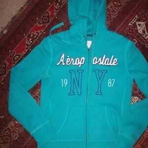 Women Aeropostale Zip Jacket Full Zip Hoodie Sweater Aero NY Small Aqua White